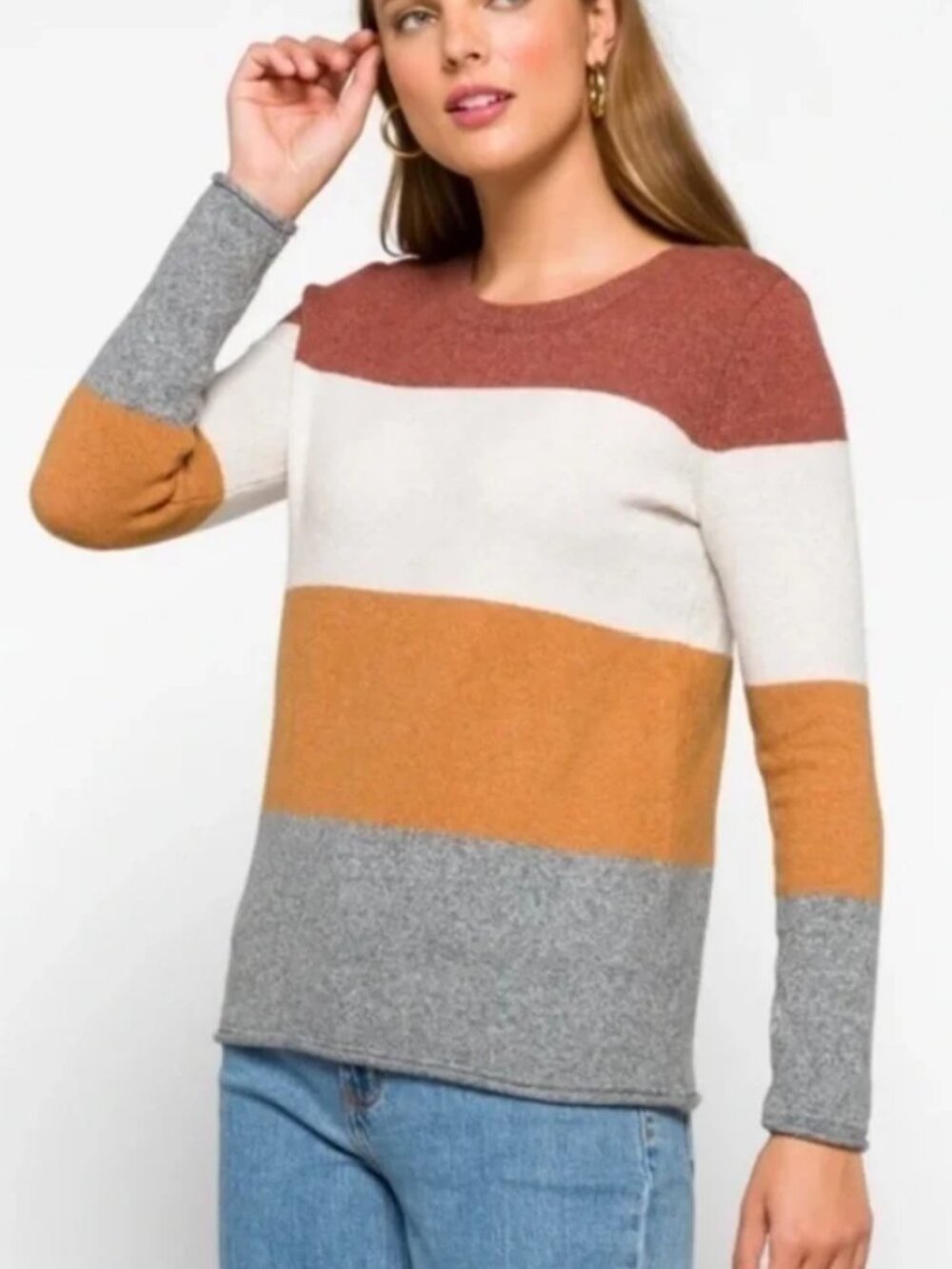 Pinque Color Block Crewneck Brushed Knit Sweater Rust Stone Combo